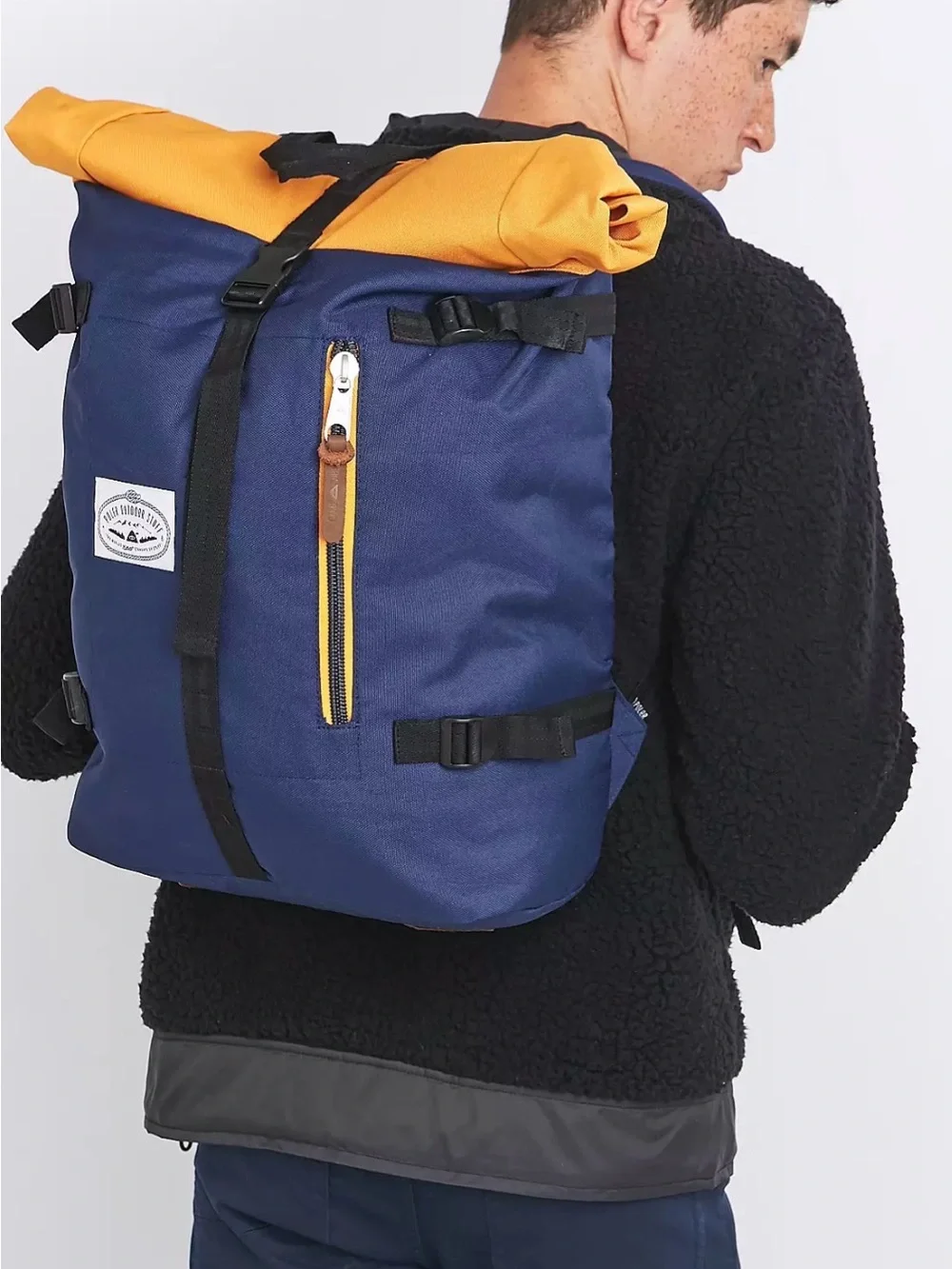 Roll-Top Navy Backpack with Mustard Accent